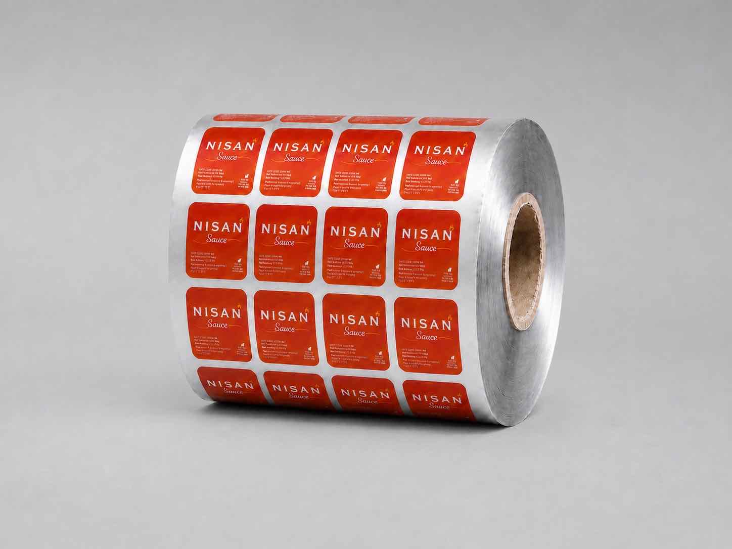 Reel of aluminium laminate lidding film printed with a repeating NISAN sauce-cup lid design