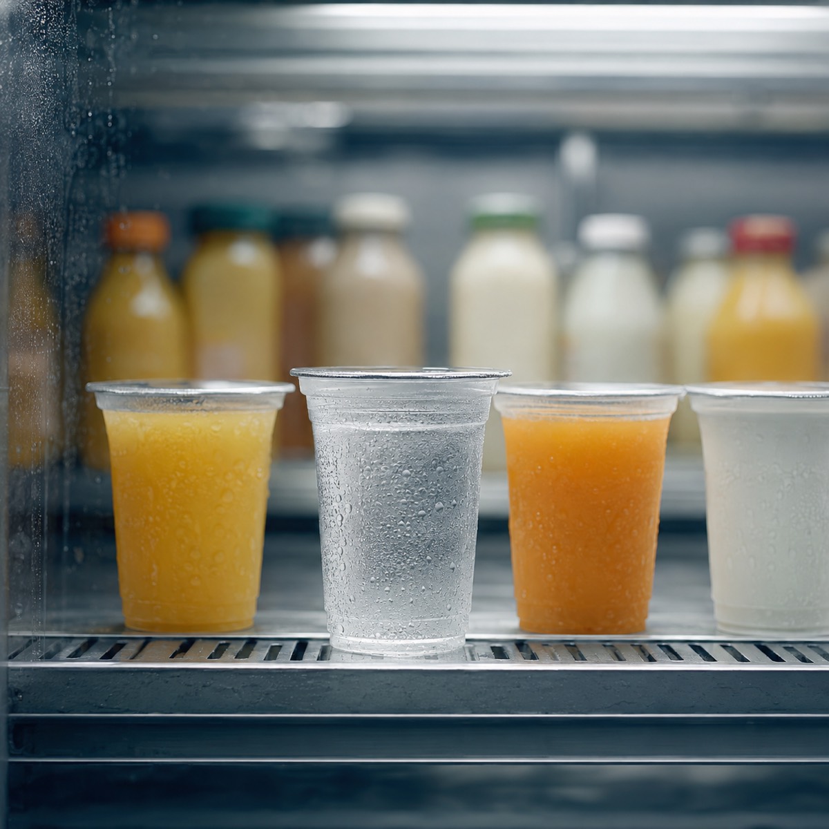 Water and juice cups sealed with aluminium foil lids in a retail cooler