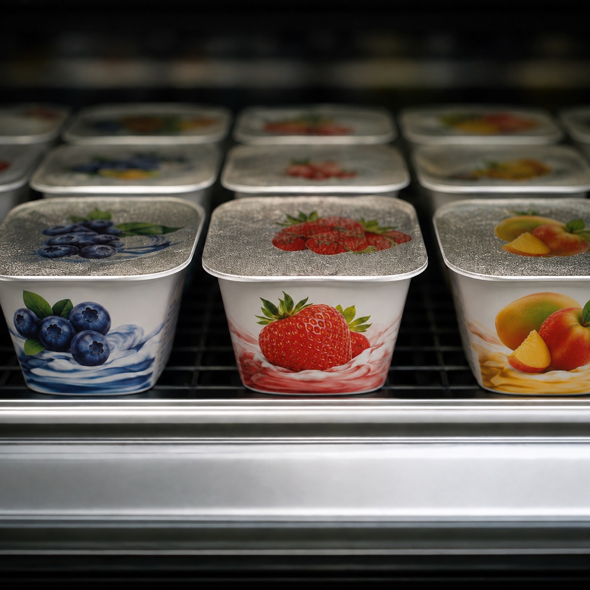 Yoghurt pots sealed with printed embossed aluminium lids in a chilled dairy case