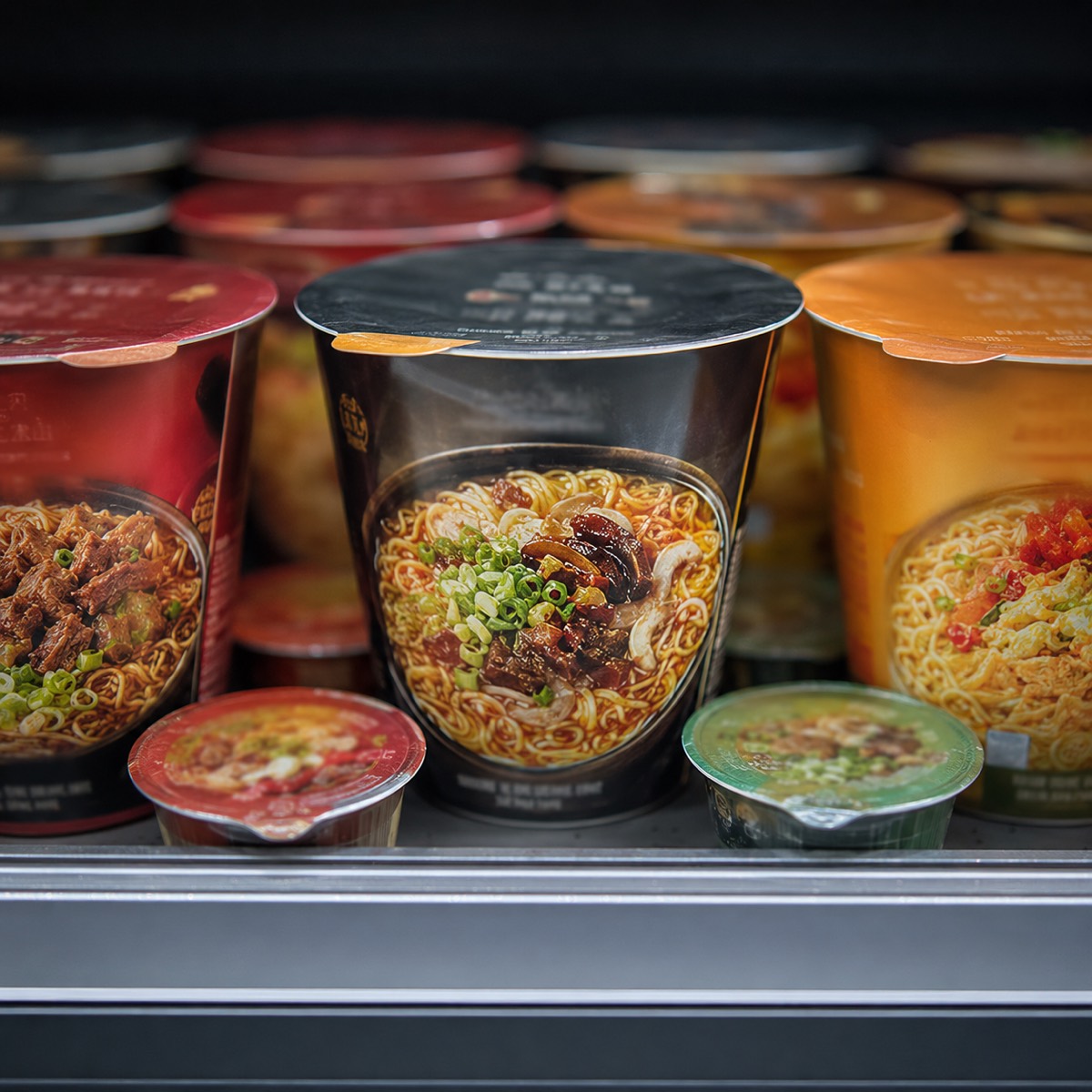 Instant noodle cups and dip tubs sealed with printed foil lids on a supermarket shelf