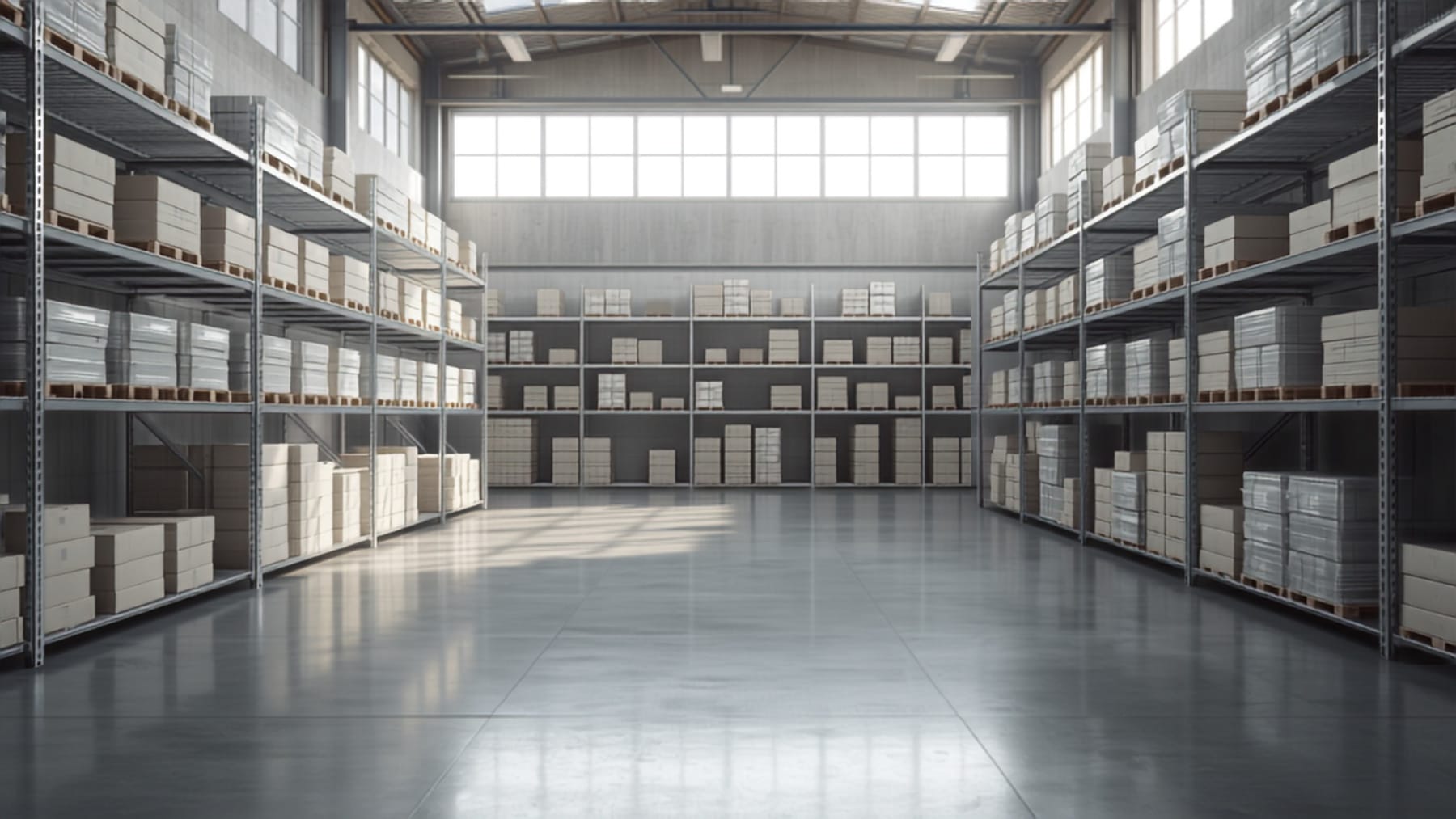 Warehouse aisle stacked with packaging material inventory