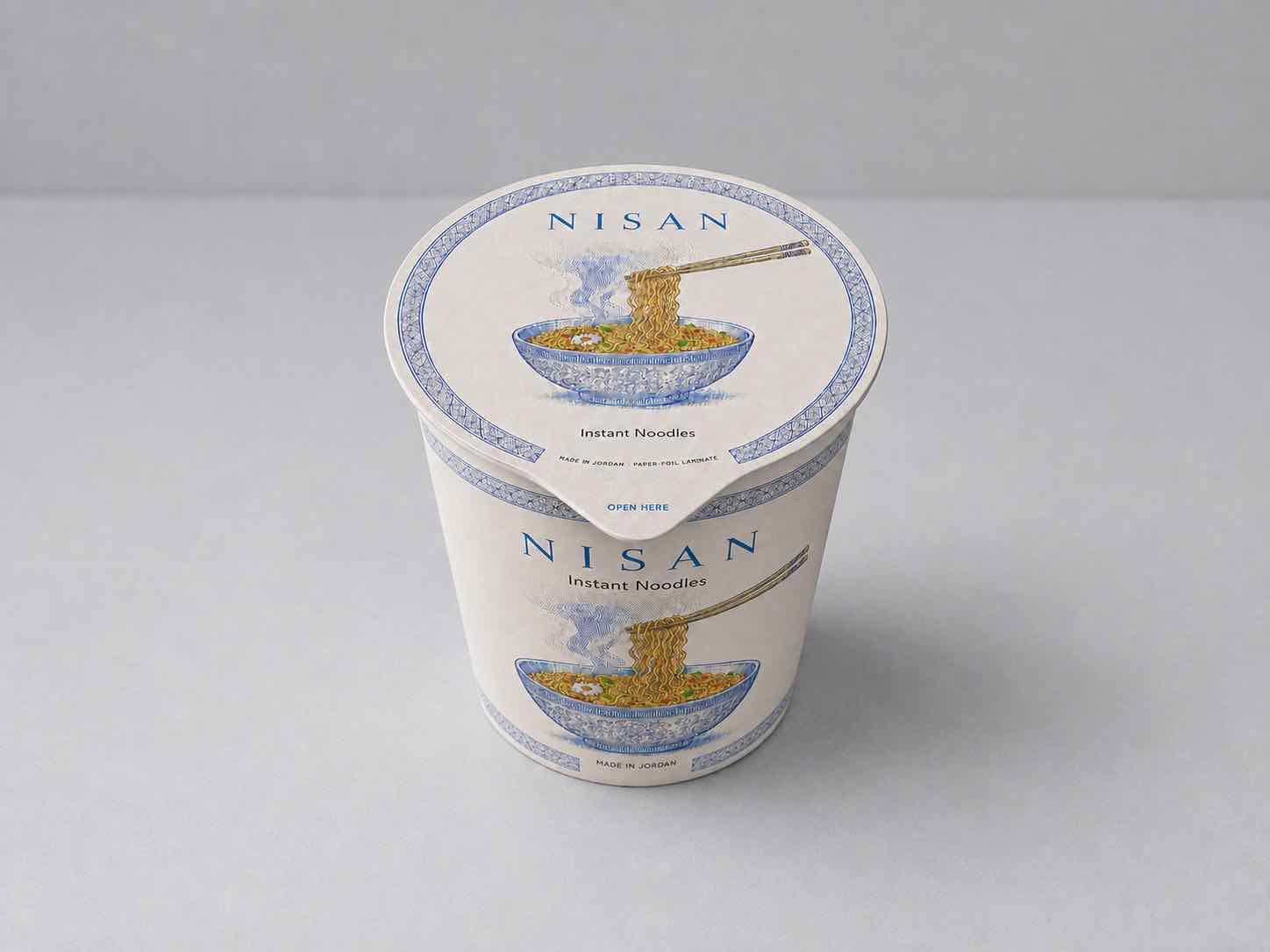 NISAN instant noodle cup sealed with a paper-foil laminate lid, NISAN demo print
